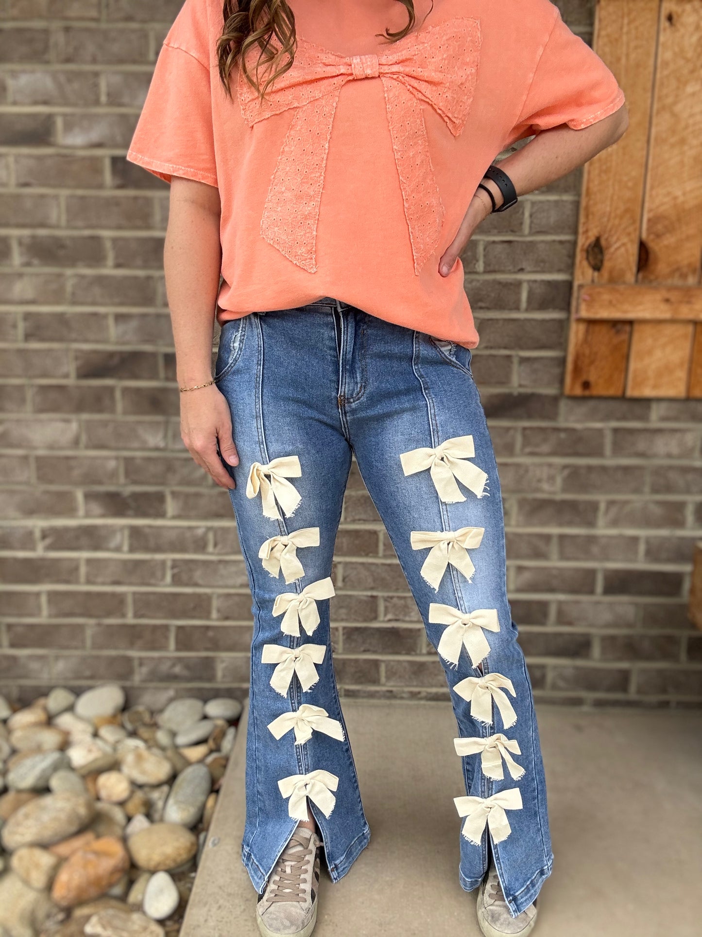 Ribbon Detail High Waisted Flare Denim Jeans by Oli & Hali