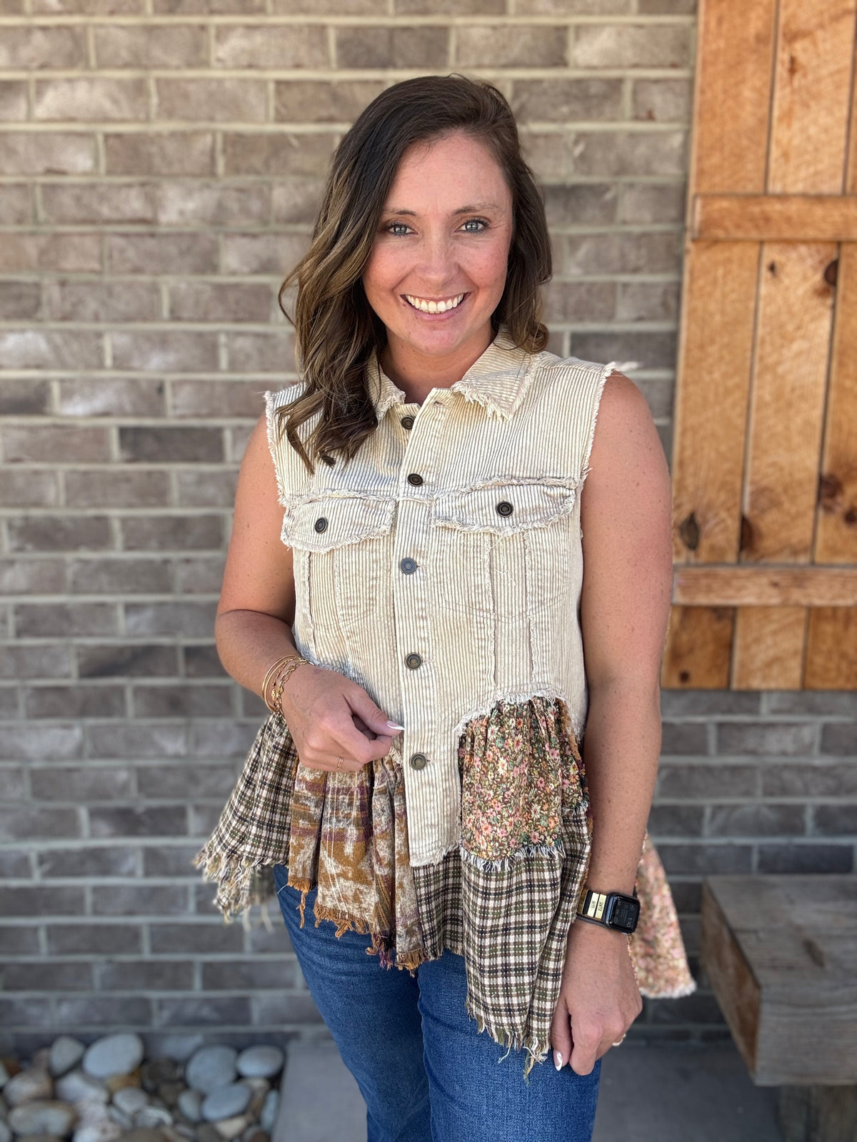 Rust and Plaid Denim and Corduroy Vest by Oli & Hali