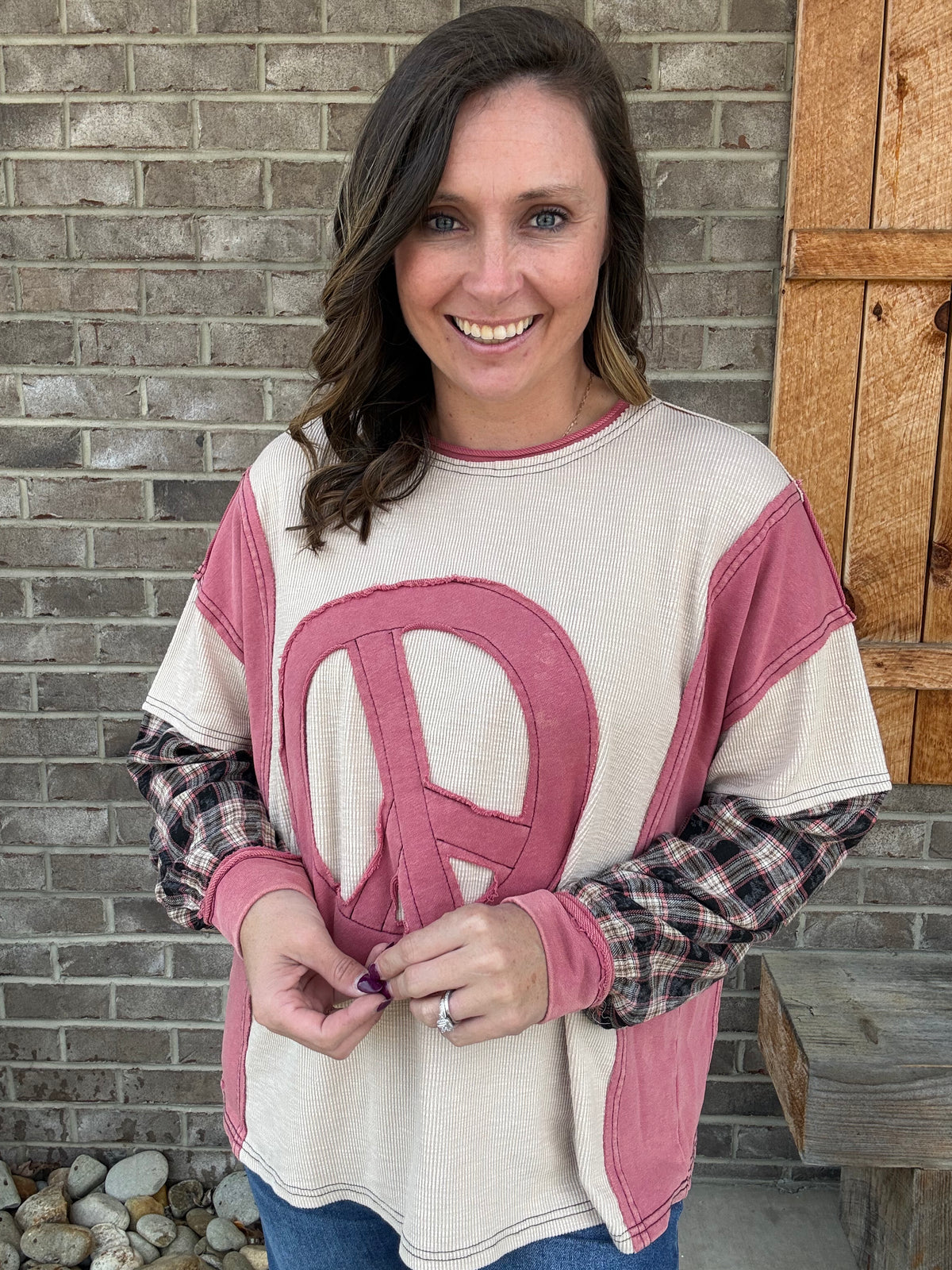 Strawberry Latte Layered Peace Patch Thermal Knit Mineral Washed Pullover