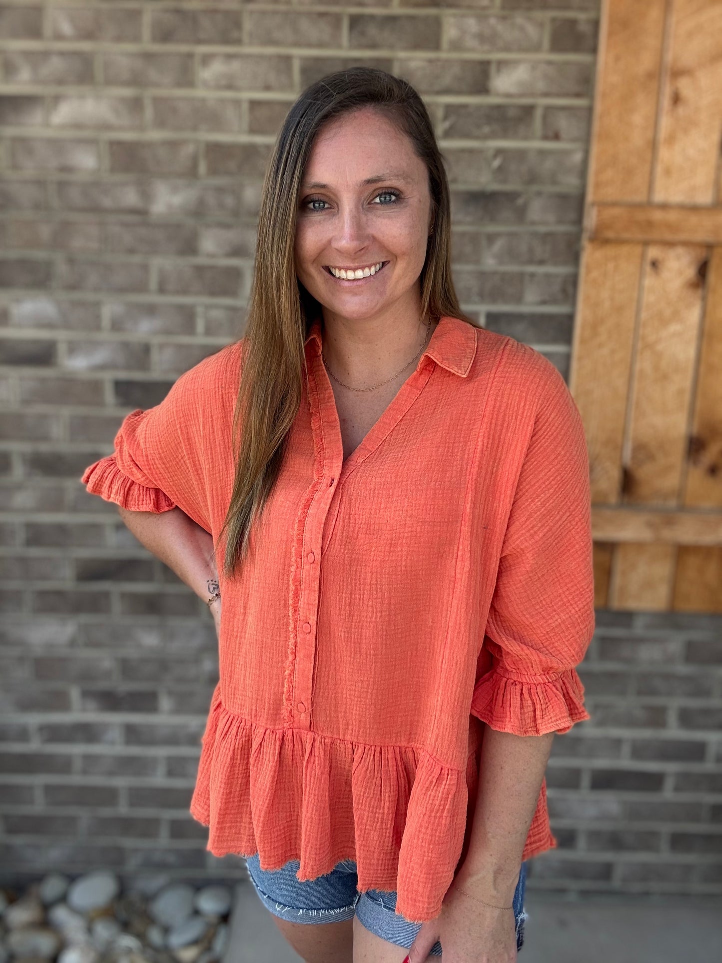 Tangerine Mineral Wash Cotten Gauze 3/4 Length Sleeve Top by Umgee