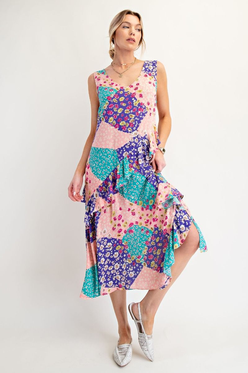 Blush & Blue Patchwork Floral Midi Dress by Easel