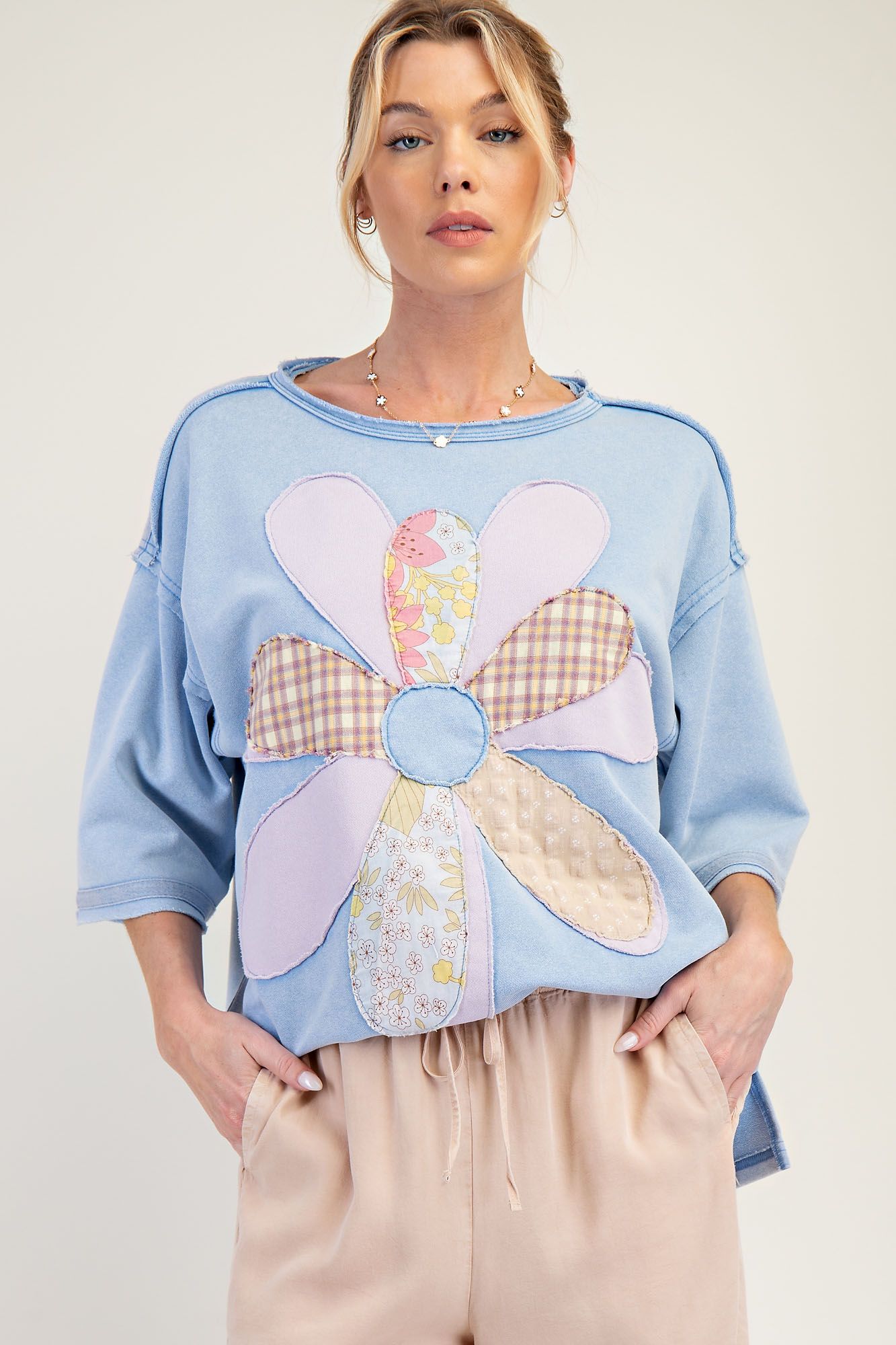 Blue Flower Patch Mineral Wash French Terry Short Sleeve Top by Easel