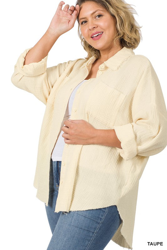 1993- Taupe Oversized Ram Hem Button Cover Up Top