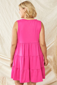 131- Fuchsia Solid Tank Round Neck Tier Dress