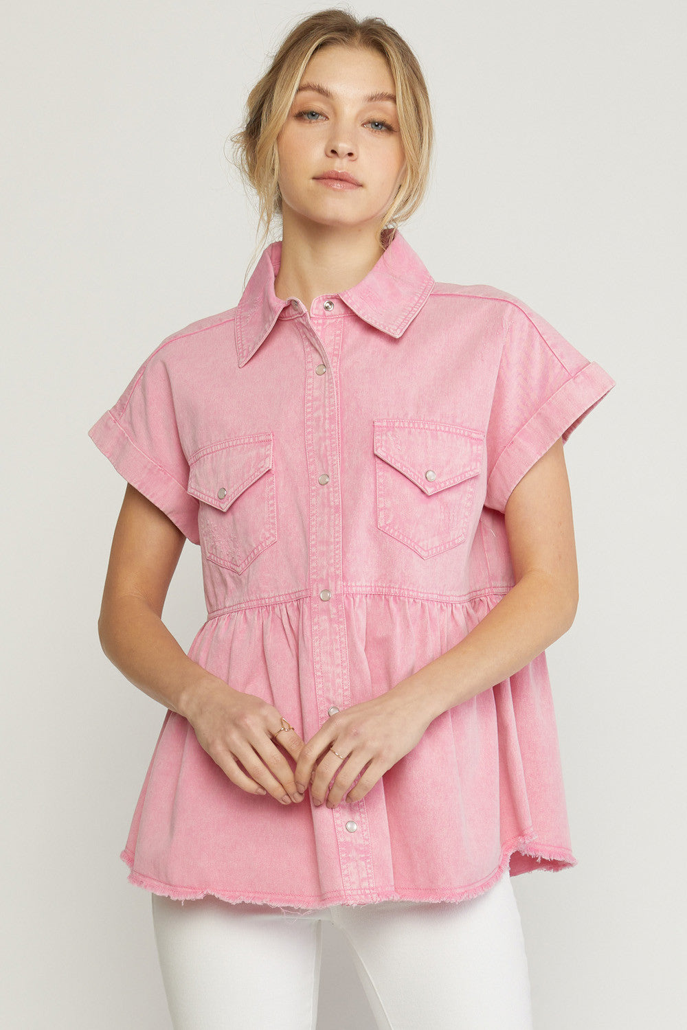 6131- Pink Denim Babydoll Button Up Top