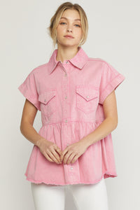 6131- Pink Denim Babydoll Button Up Top