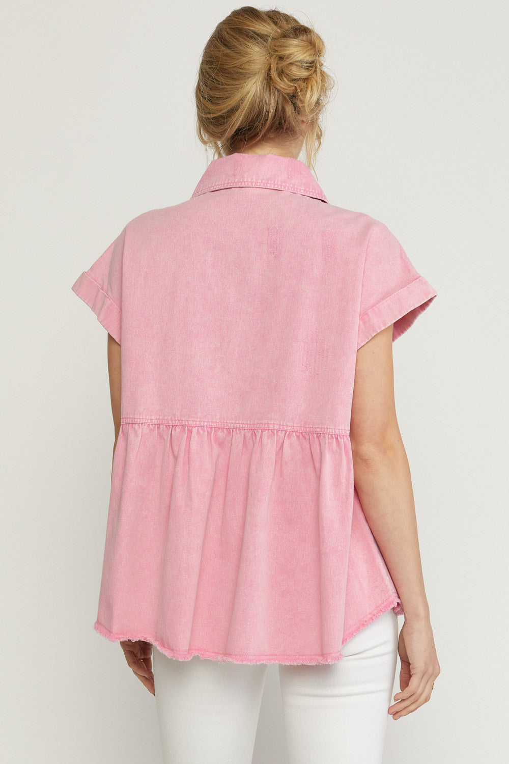 6131- Pink Denim Babydoll Button Up Top