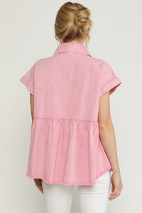 6131- Pink Denim Babydoll Button Up Top