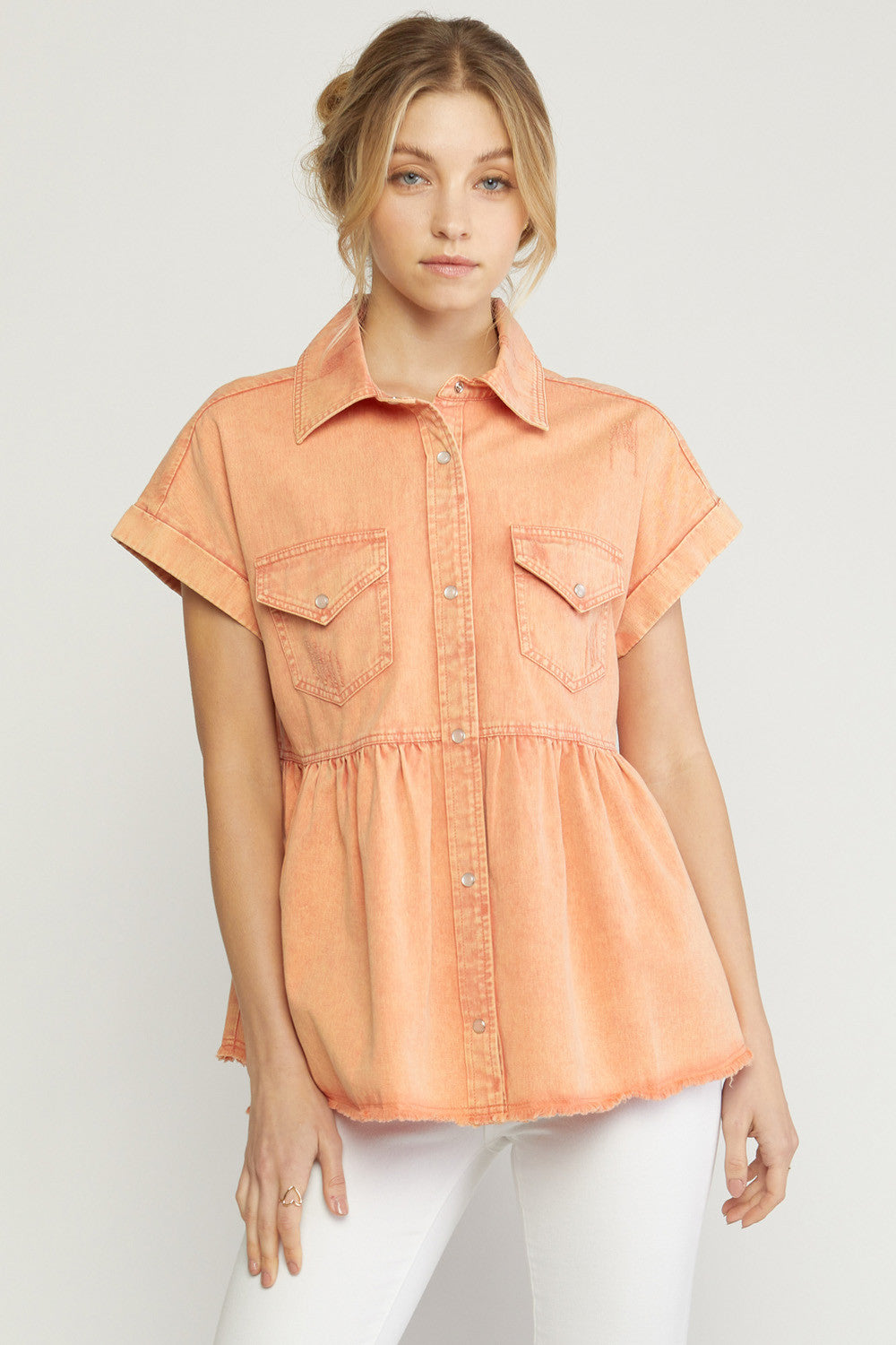 6130- Orange Denim Babydoll Button Up Top