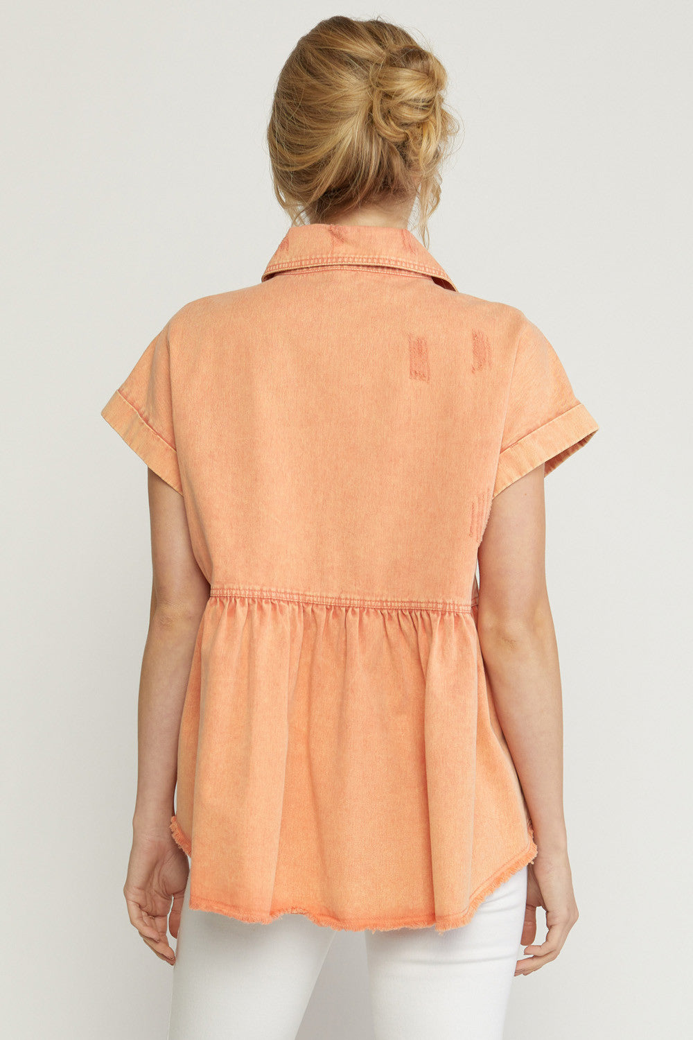 6130- Orange Denim Babydoll Button Up Top