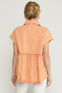 6130- Orange Denim Babydoll Button Up Top