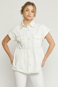 6129- White Denim Babydoll Button Up Top