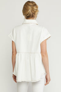 6129- White Denim Babydoll Button Up Top