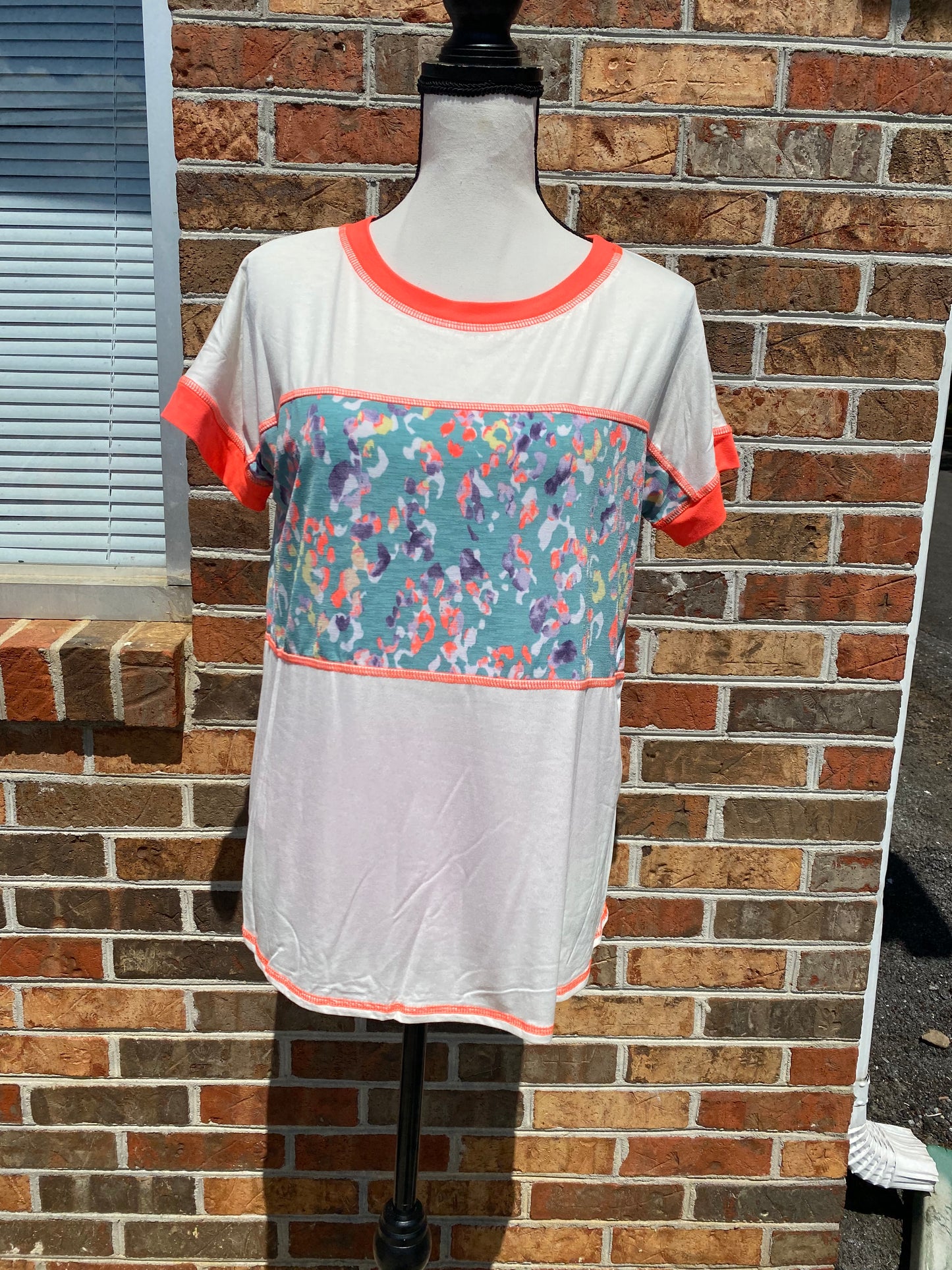 1341- Mint Color Block Animal Print Mid Section Top