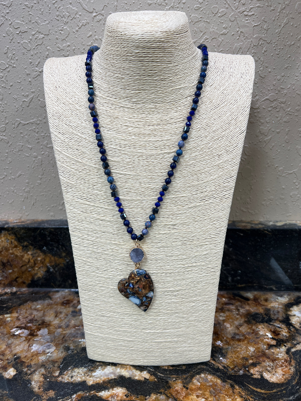 7755- Blue Beaded Heart Stone Necklace