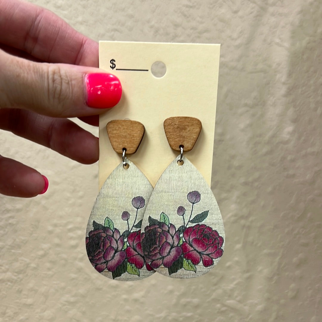 2196- Floral wooden Post Back Earrings