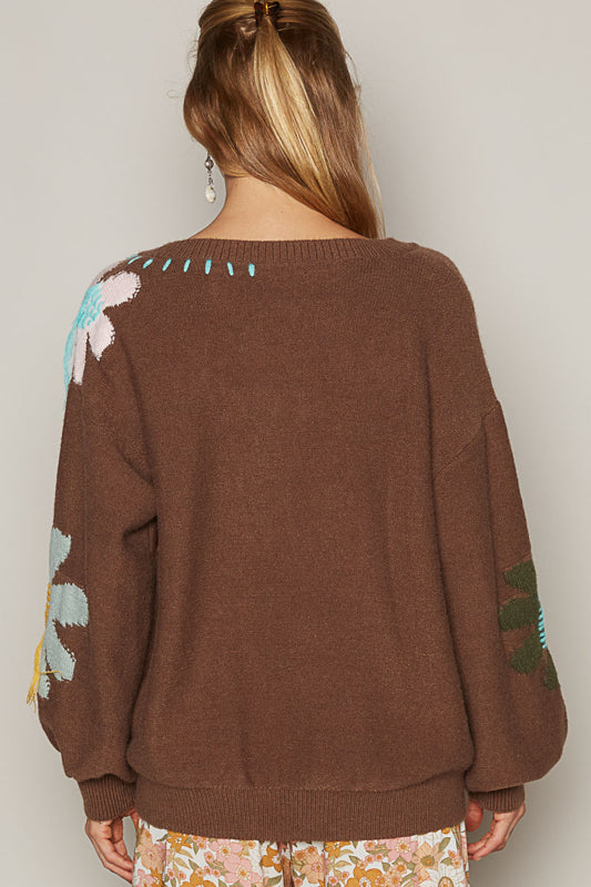 3019- Chocolate Colorful Daisy Long Sleeve Balloon Sweater