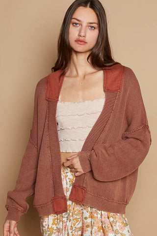 Chocolate Woven Relaxed Fit Cardigan by POL