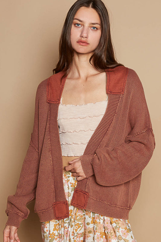 3015- Chocolate Woven Relaxed Fit Cardigan