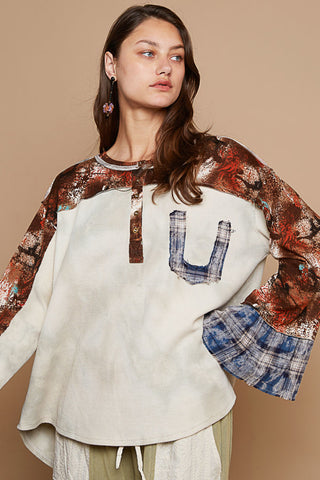 Brown and Sage Round Neck Ruffle Sleeve Thermal Stitch Top by POL