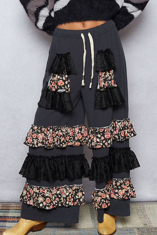 Charcoal Floral & Lace Ruffle Wide Leg Pants