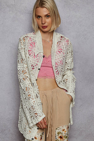 Natural Boho Crochet Patchwork Button-Down