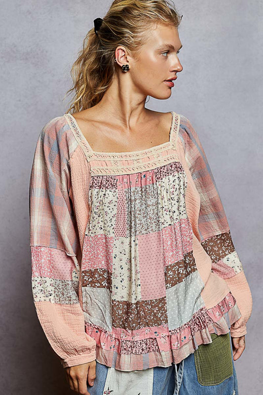 Coral Patchwork Boho Balloon Sleeve Top by POL