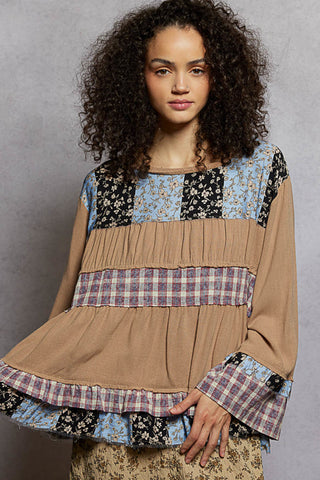 Milk Chocolate Boho Ruffle Patchwork Woven Top by POL