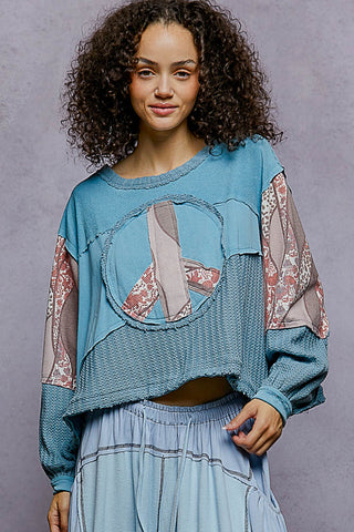 Pale Blue Peace Patchwork Oversized Top w/ Waffle Detail by POL