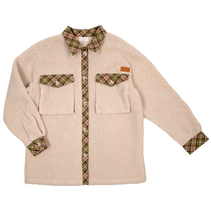 10081- Cream Quilted Shacket w/ Plaid Detail