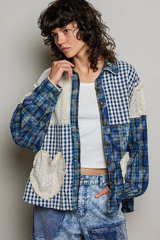Blue Multi Patchwork Heart Lace Detail Shirt | POL PREORDER