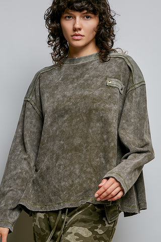 Olive Vintage Wash Mixed Texture Thermal Top | POL PREORDER