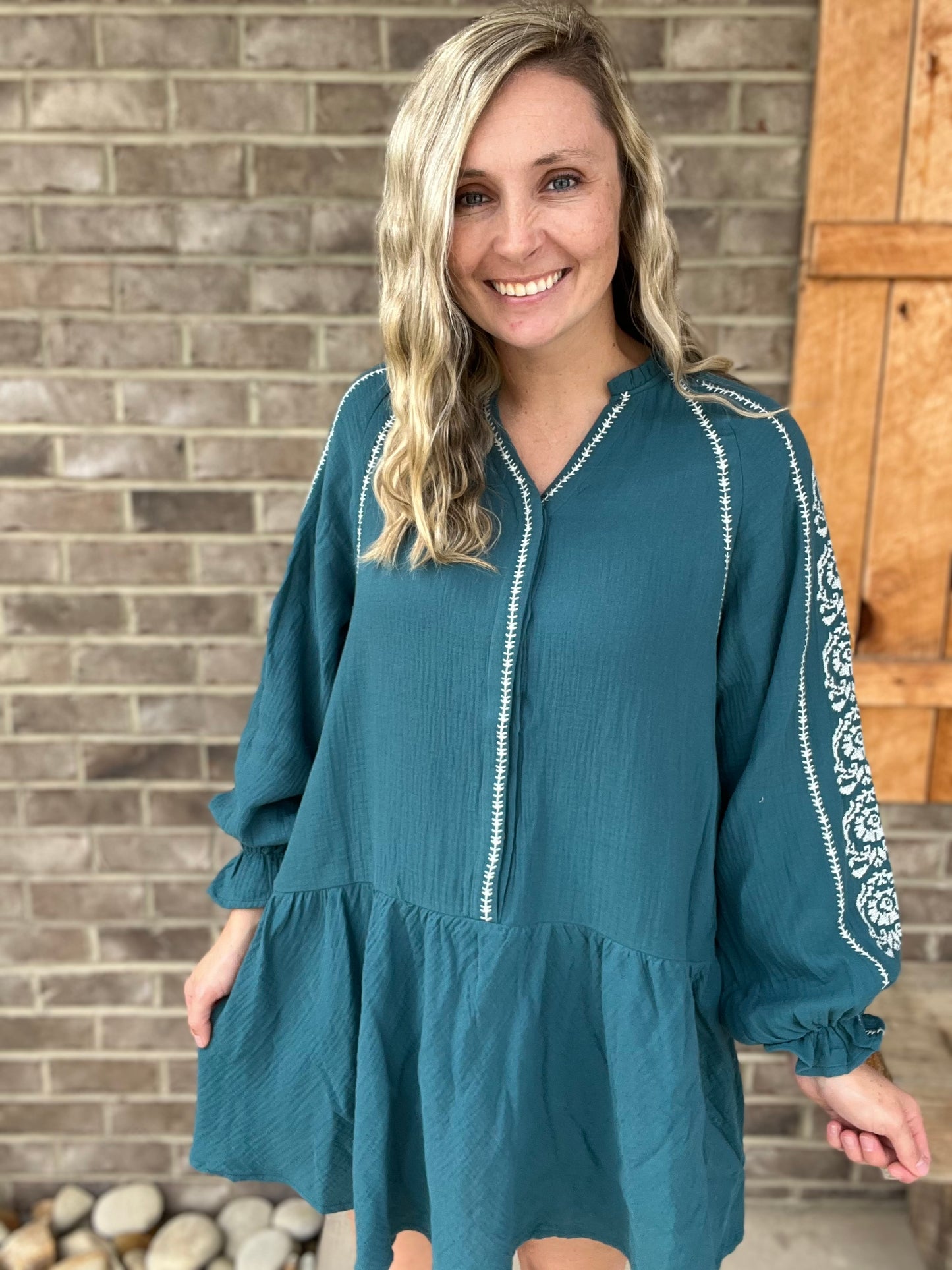 2789- Teal Cotton Gauze Embroidery Dress