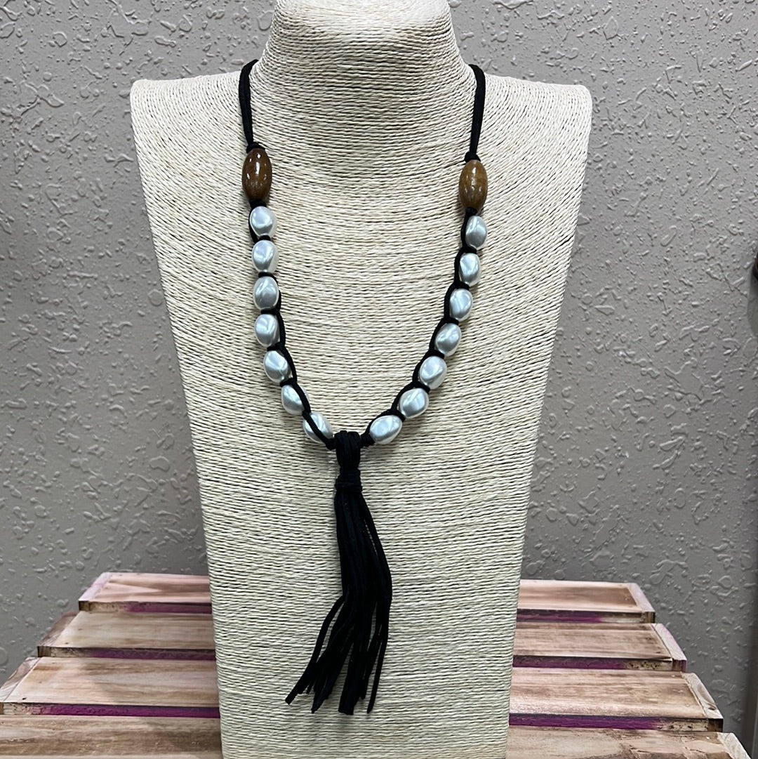 781- Black Tassel Necklace w/ Beaded Detail