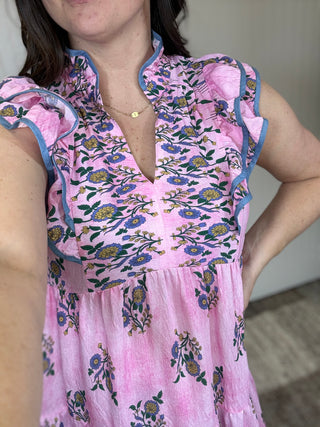 Pink Mix Floral Tiered Midi Dress with Ruffle Sleeve by Umgee