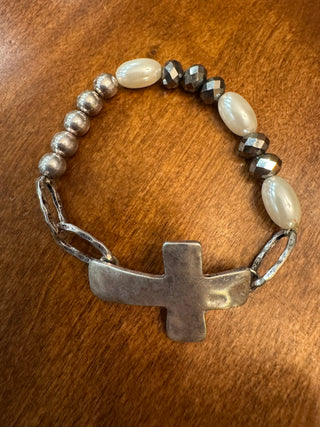 Silver Cross Pearl Stretch Bracelet