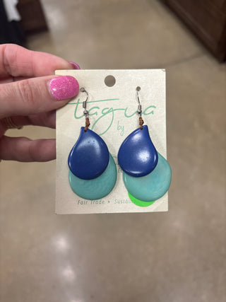 8438- Blue & Turquoise Layer Tauga Nut Earring