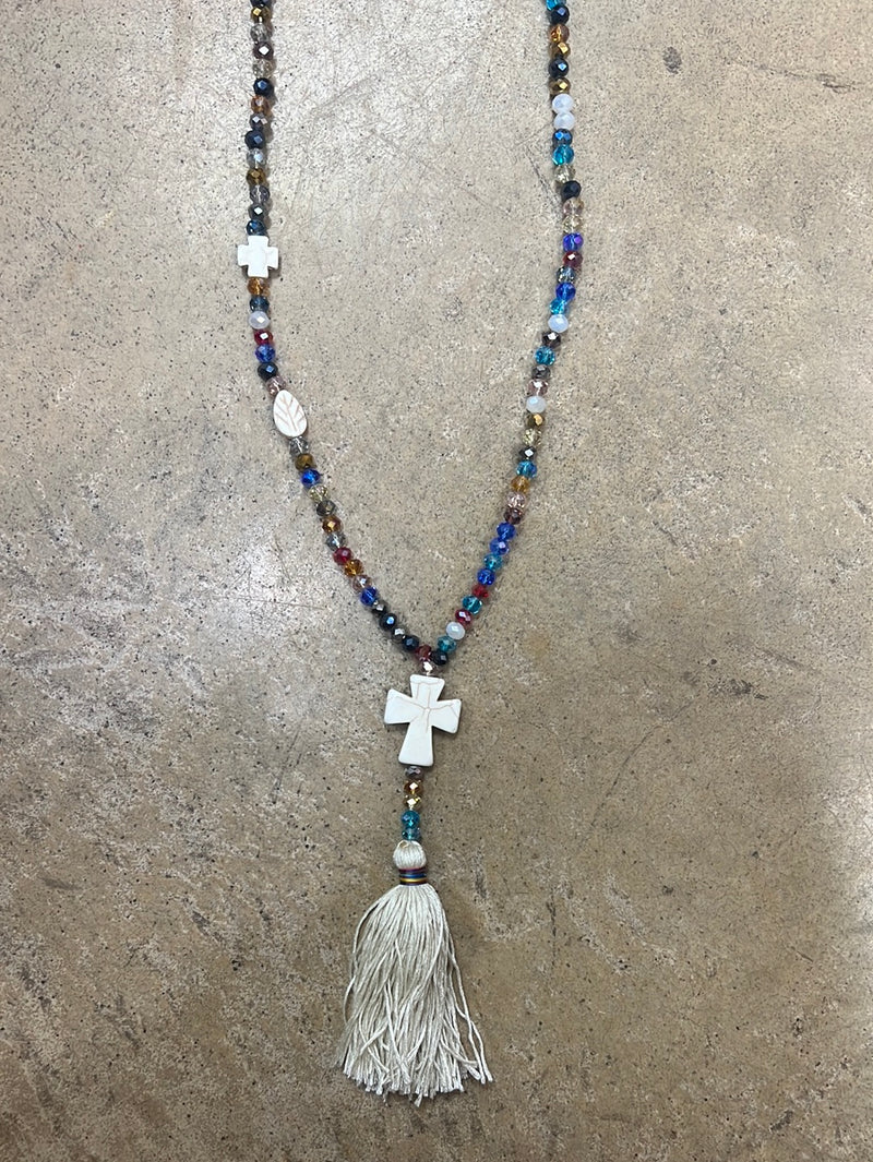 10179- Multi Color Beads w/ Cross & Tassel Necklace