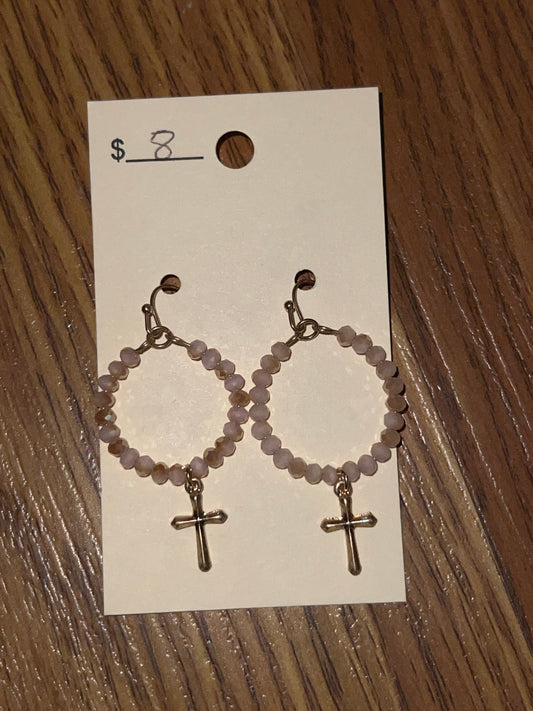 3083- Light Pink w/ Brown Circle Beaded Earrings w/ Cross Pendant