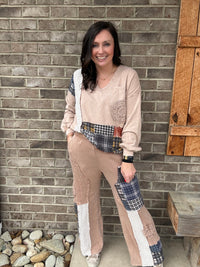 Latte Mineral Washed Plaid Patched Doily Pants by J. Her