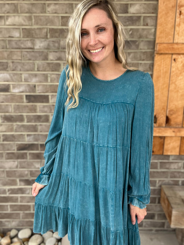 2822- Turquoise Washed Long Sleeve Tier Dress