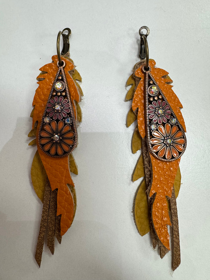 Mustard, Taupe, Orange Layered Hoop Charm Earrings