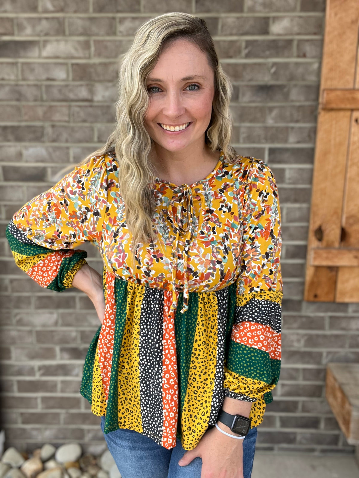 3333- Mustard, Rust, & Olive Long Sleeve Mix Pattern Top