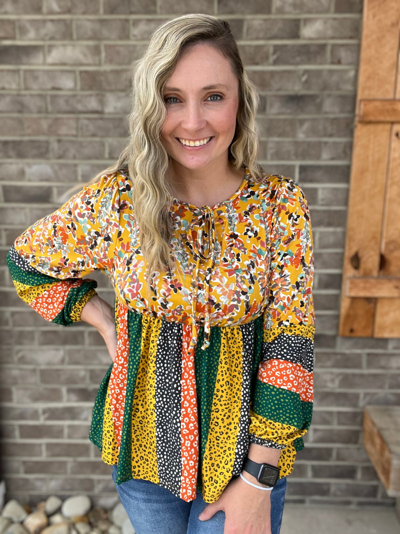 3333- Mustard, Rust, & Olive Long Sleeve Mix Pattern Top
