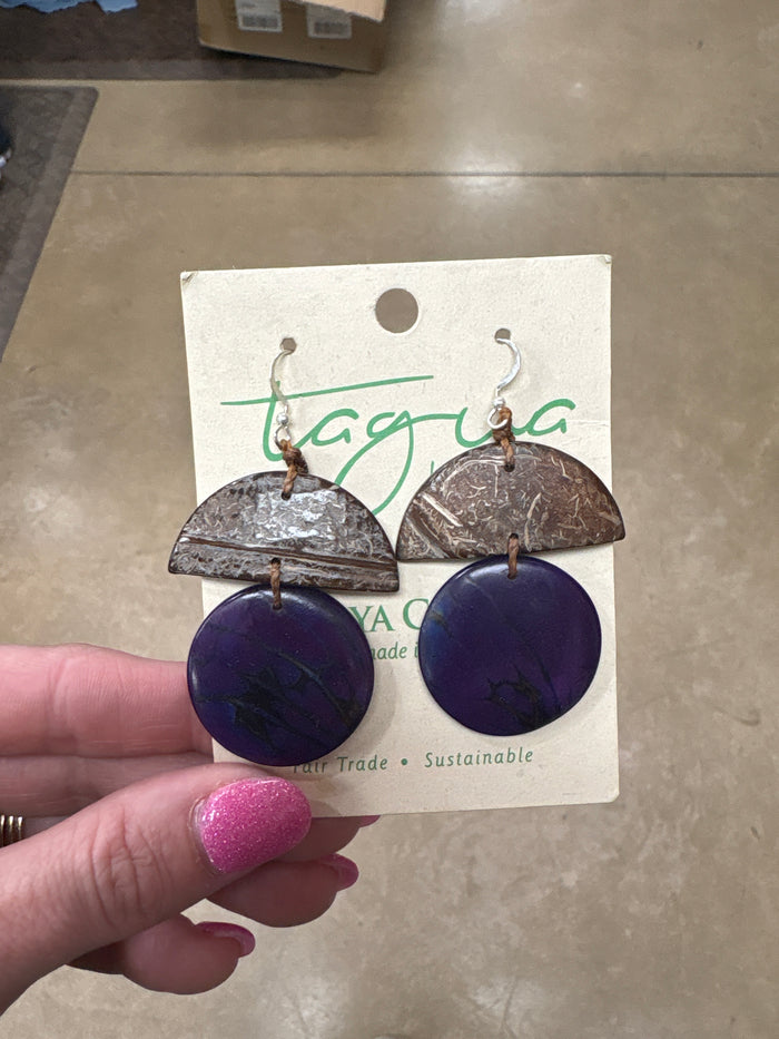 8434- Purple with Brown Tauga Nut Earrings