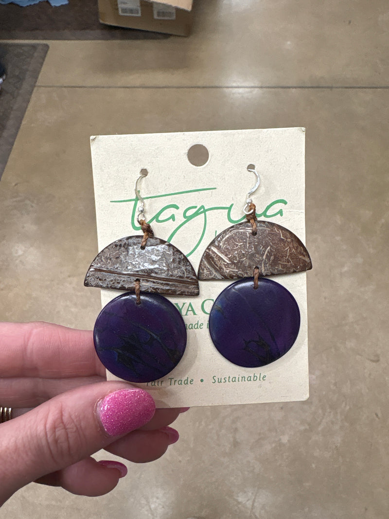 8434- Purple with Brown Tauga Nut Earrings