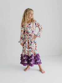 Girls Purple Dot & Winter Floral Long Sleeve 3 Ruffle Dress *KIDS*