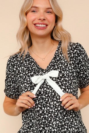Black Floral Print Short Sleeve Top w/ Bow Detail