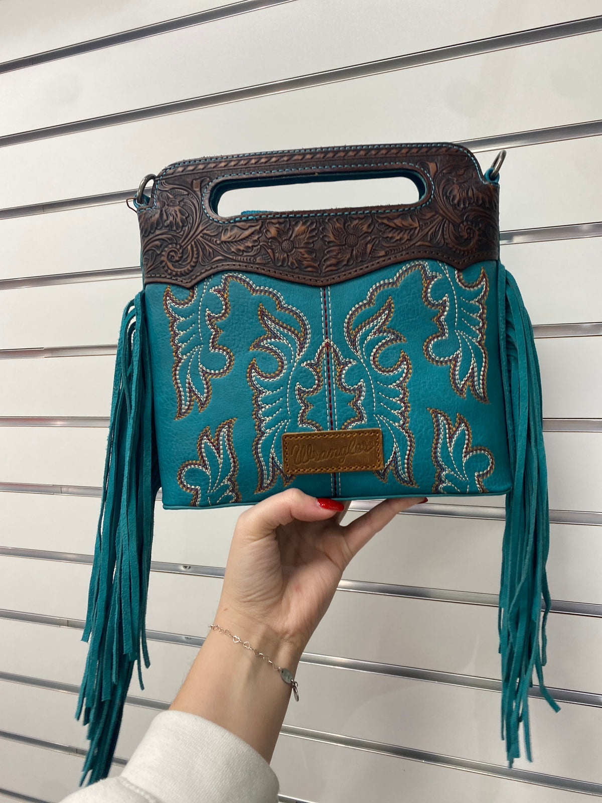 3436- Turquoise Wrangler Embroidered Fringe Mini Crossbody