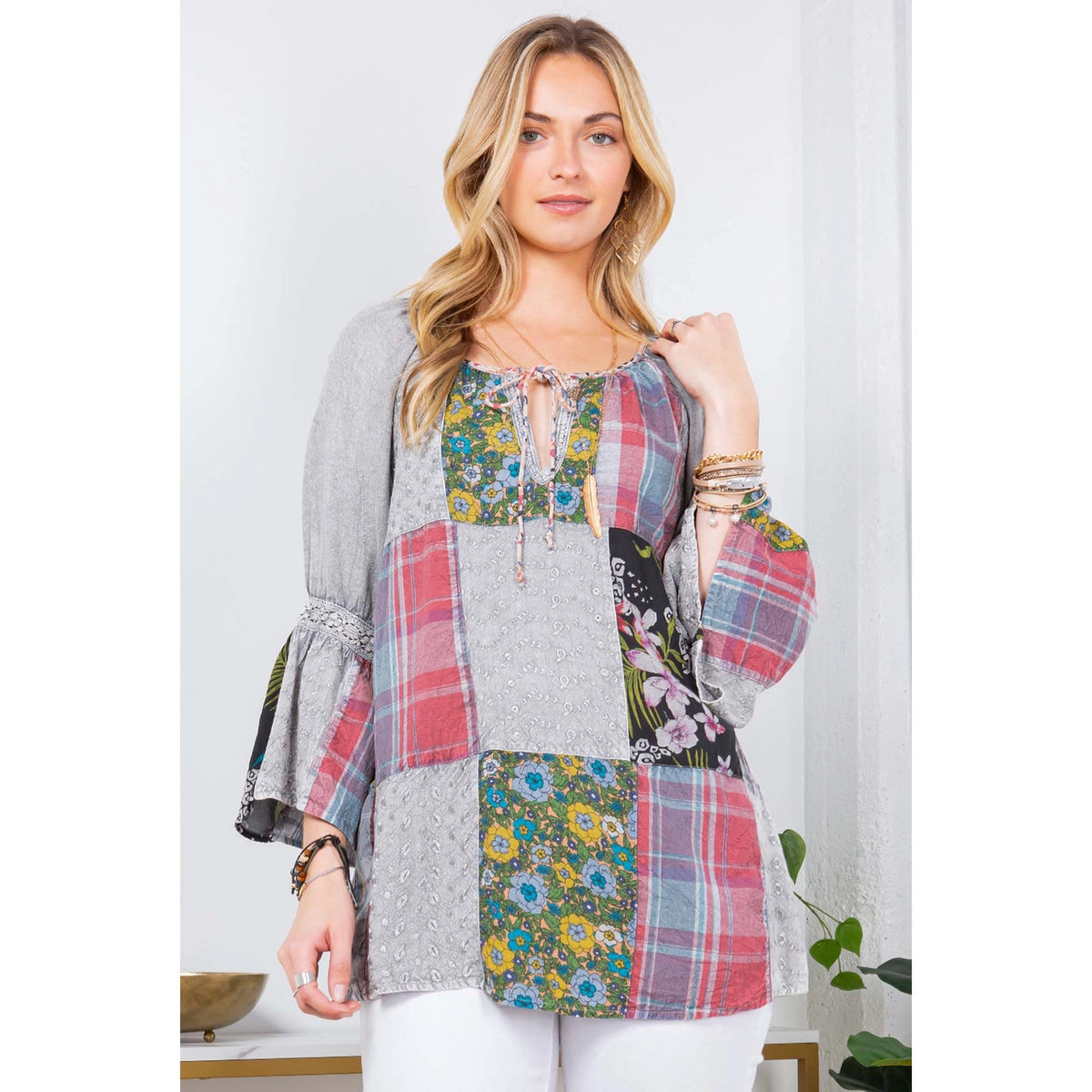 Gray Peasant Top with Print Checks Patchwork by Young Threads